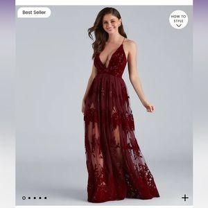 Windsor Morgan Formal Flocked Velvet Dress in Burgundy Red